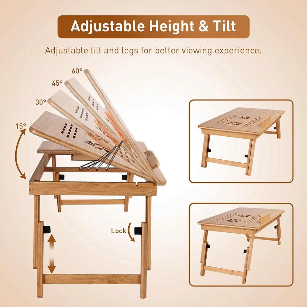 Bamboo Wooden Laptop Table with Drawer and Two Cooling Fans - Image 9