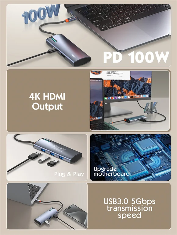 LDNIO DS-15H 5-in-1 USB-C Hub Docking Station 100W PD HDMI USB 3.0 Gray - Image 8