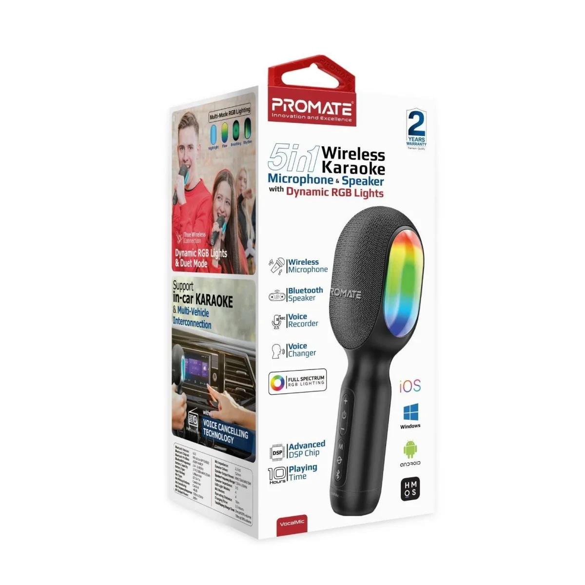 Promate VocalMic 5-in-1 Bluetooth Karaoke Microphone & Speaker with RGB Lights - Black