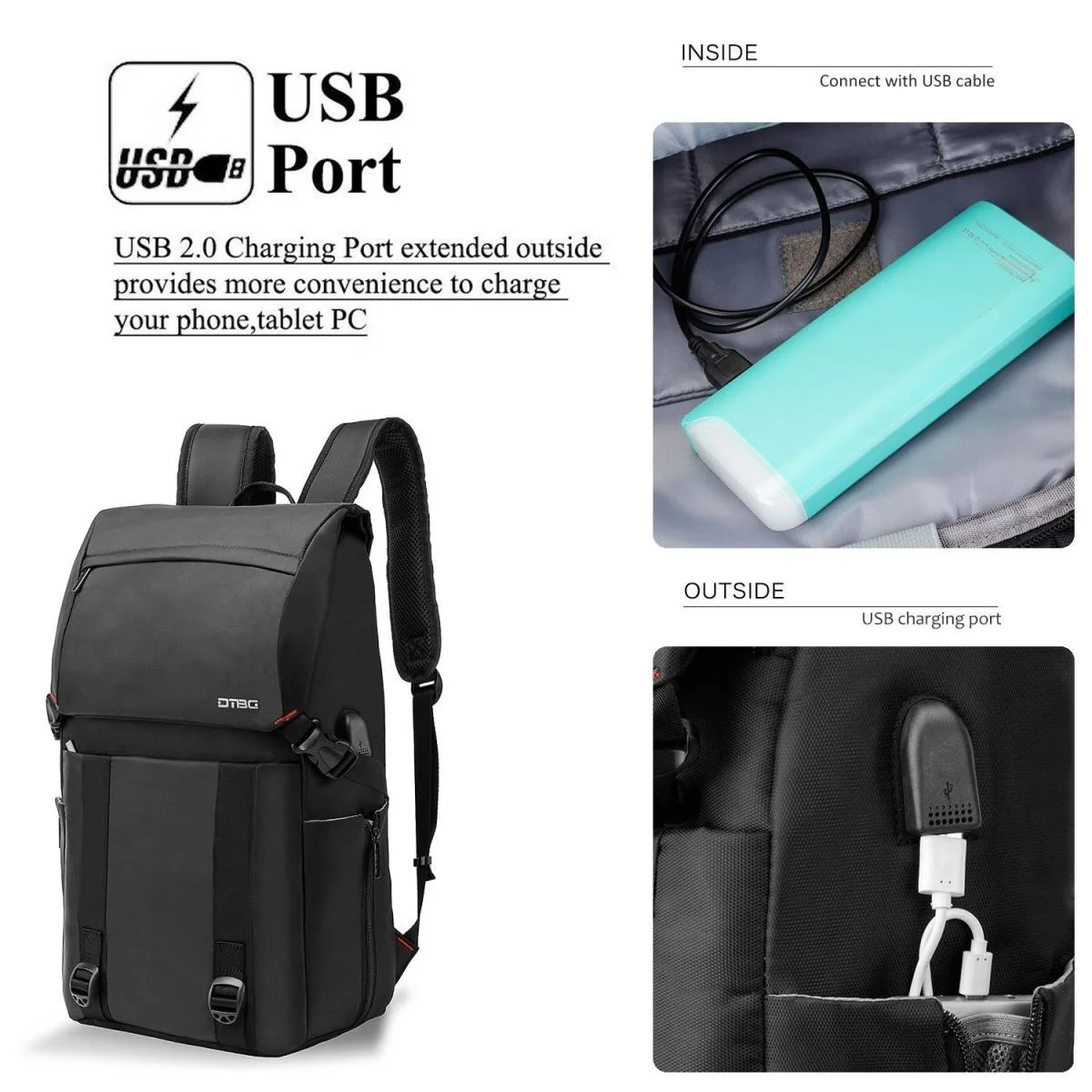 DTBG D-8226W Waterproof Laptop Backpack for Up to 17-inch Laptops with USB Charging Port - Black - Image 4