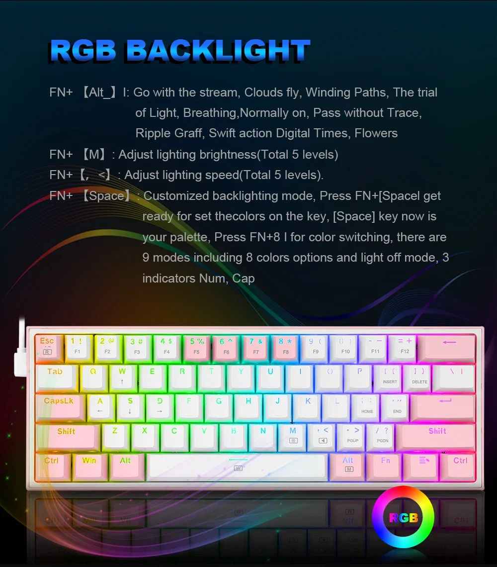 Redragon K617 Fizz RGB 60% Mechanical Gaming Keyboard, 61 Keys, Red Switches, Black - Thumbnail 11