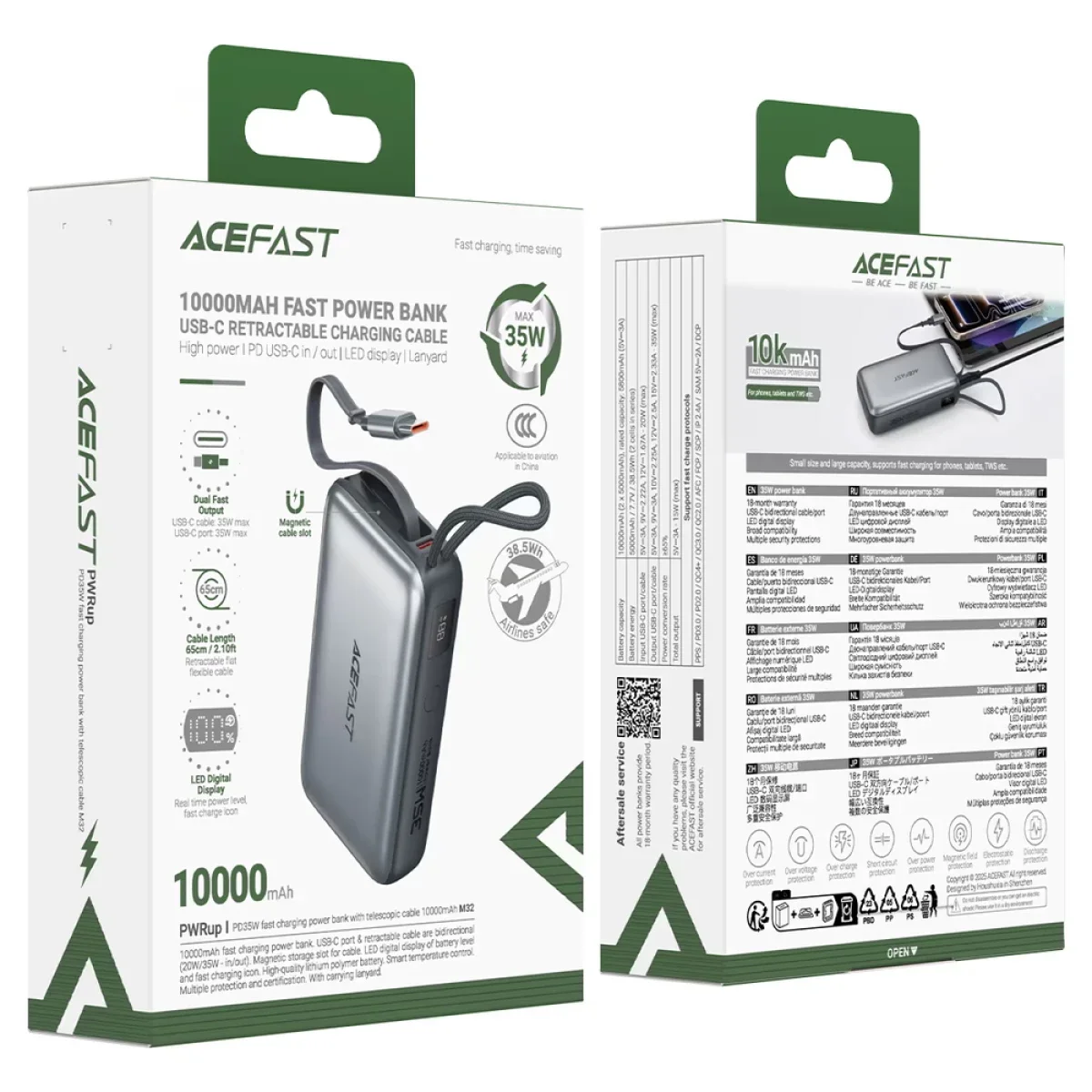 باور بانك ACEFAST M32 سعة 10000mAh بقدرة 35W مع كابل USB-C قابل للسحب، رمادي معدني - Thumbnail 5