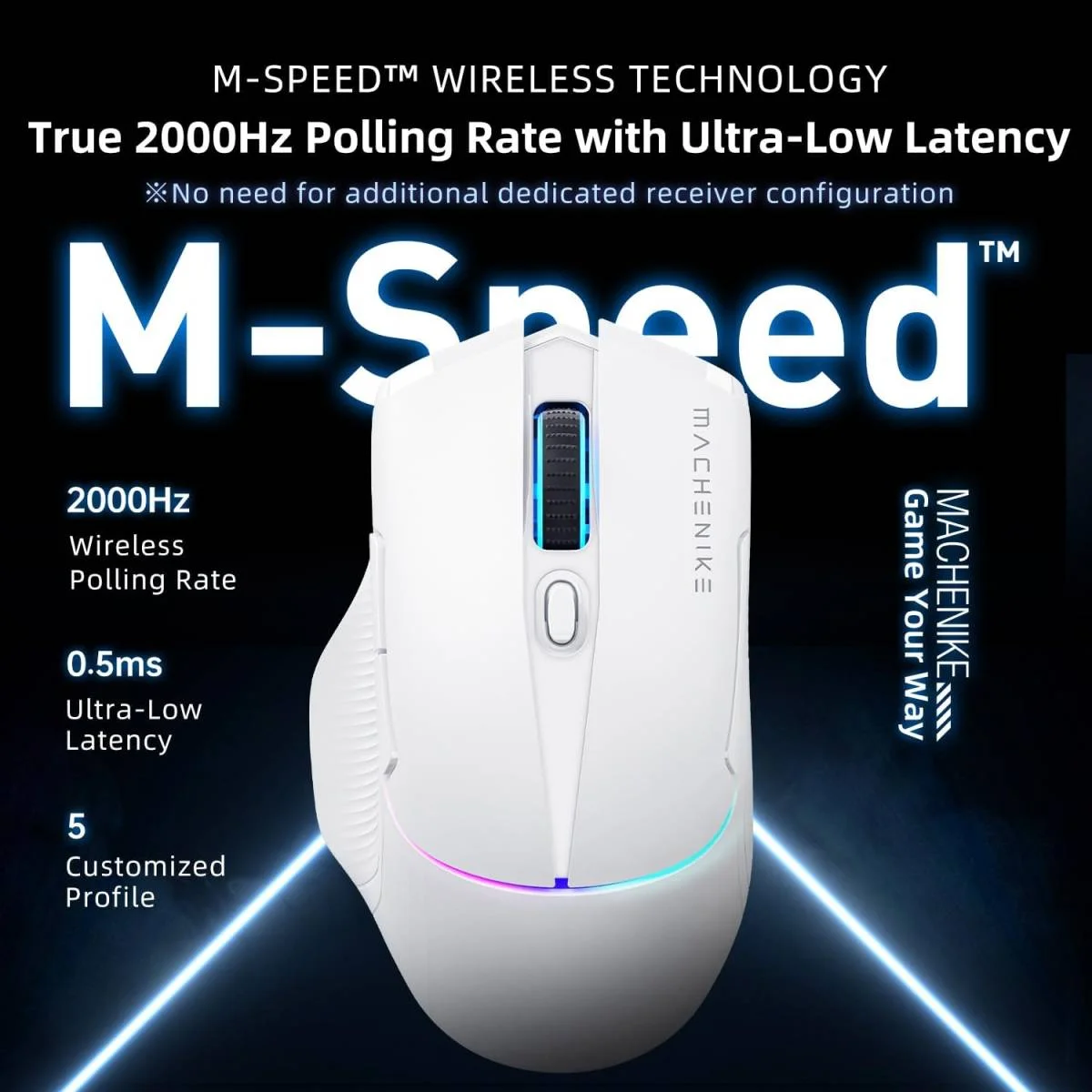 ماوس ألعاب MACHENIKE L8 Pro لاسلكي 8KHz مع قاعدة شحن RGB، 26000 DPI، أبيض - Thumbnail 3