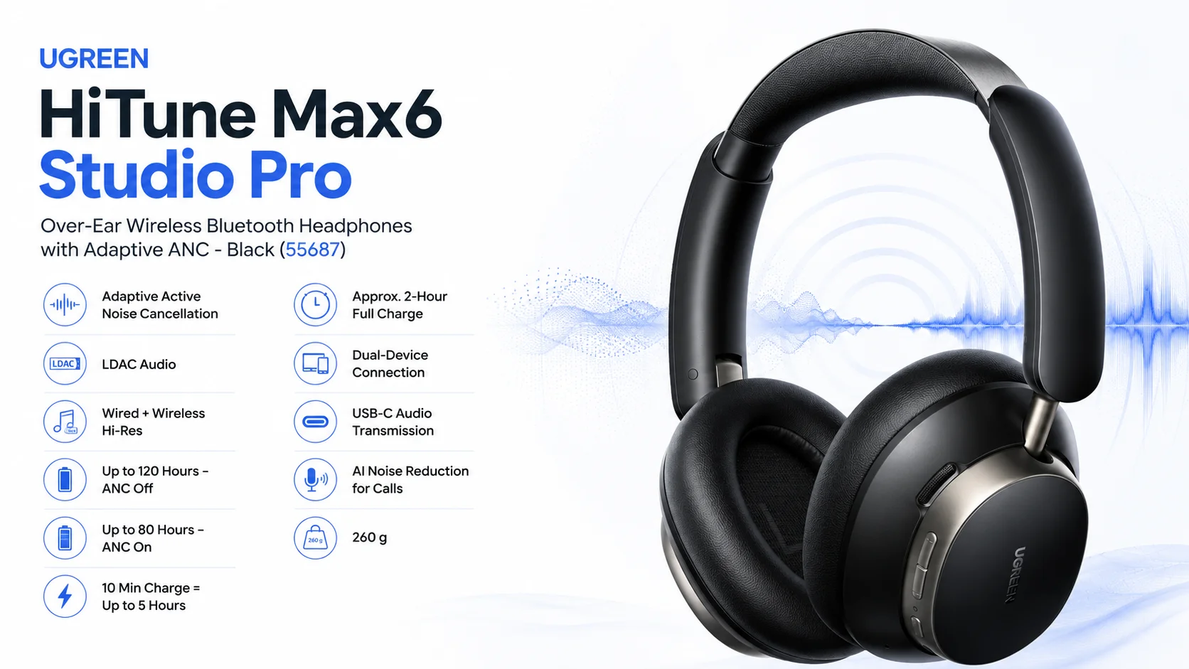 Ugreen HiTune Max6 Studio Pro Wireless Over-Ear Headphones with Adaptive ANC, Black (55687) - Image 11