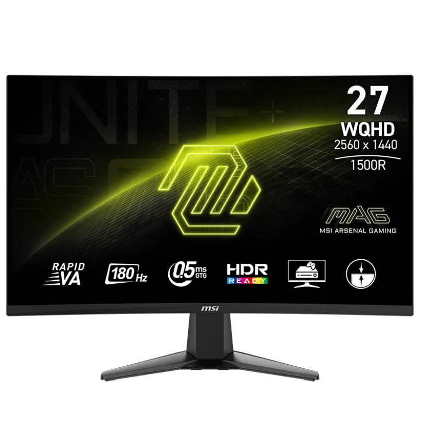 شاشة ألعاب MSI MAG 27CQ6F منحنية 1500R، Rapid VA، استجابة 0.5 مللي ثانية، WQHD 1440p، HDR Ready