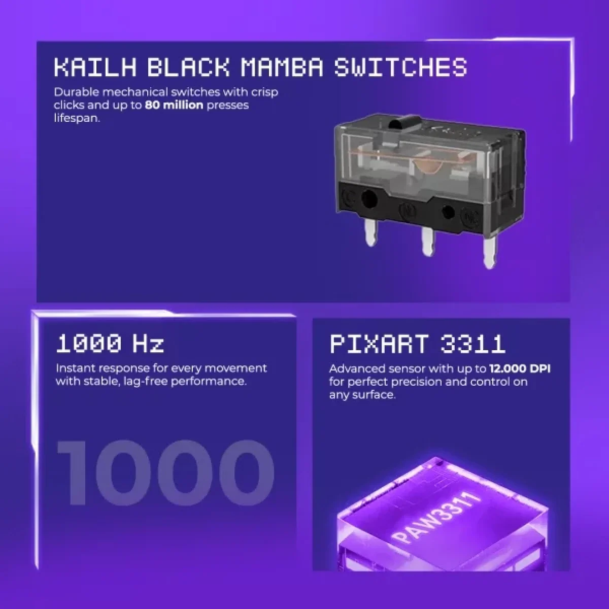 ماوس ألعاب لاسلكي Proove Gaming Rate Special Edition ثلاثي الاتصال 12000 DPI أسود/بنفسجي (CMRTWRS03001) - Thumbnail 11