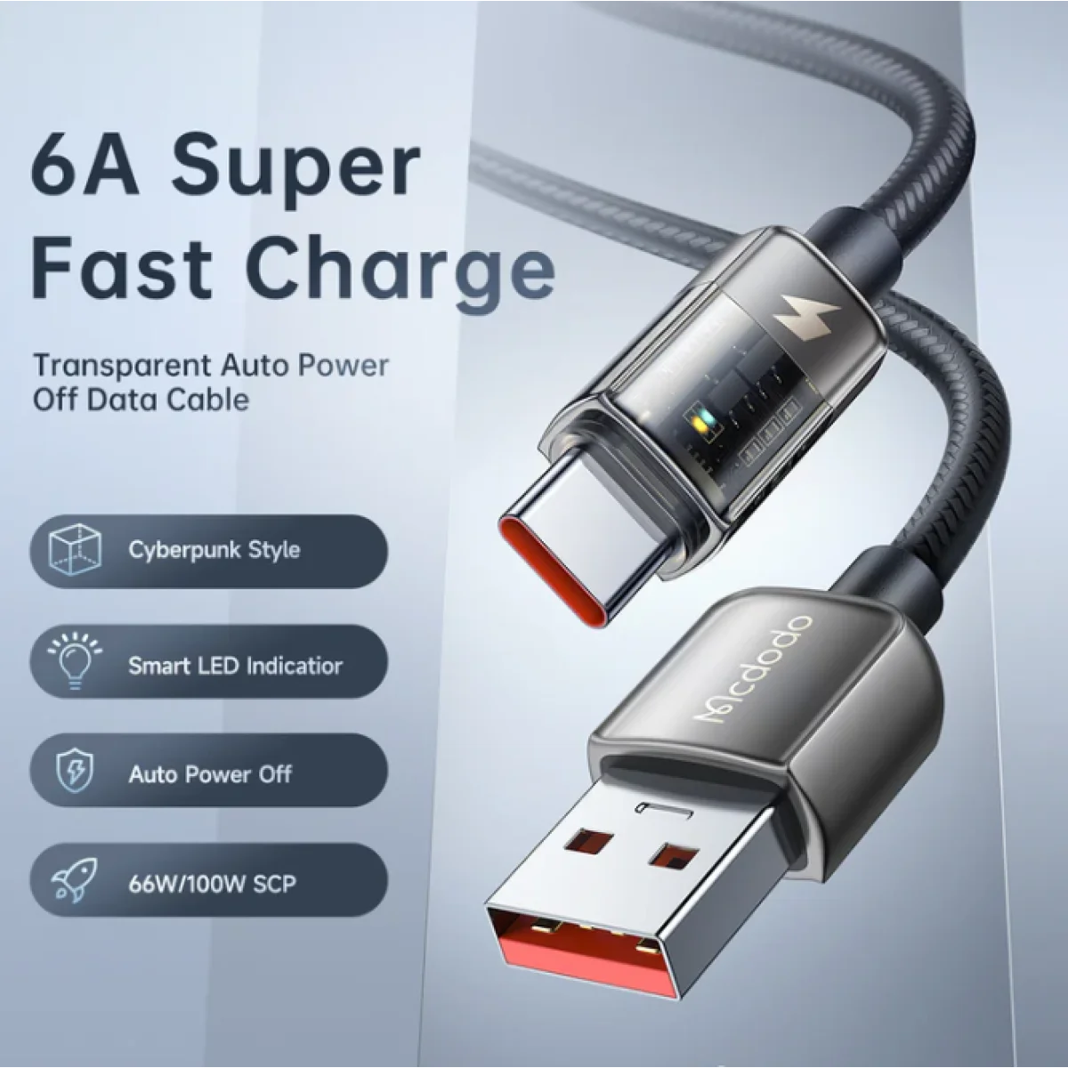 كابل Mcdodo CA3150 Type-C شفاف للشحن السريع ونقل البيانات 6A 100W بطول 1.2 متر - Image 2