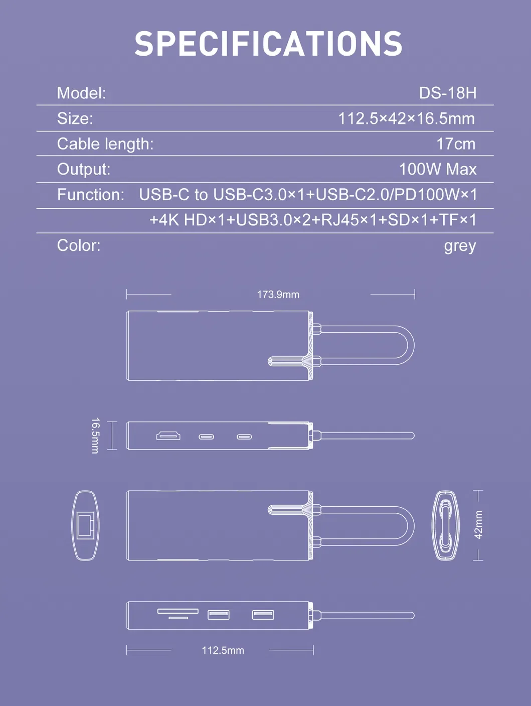 محطة إرساء LDNIO DS-18H ‏8 في 1 بمنفذ USB-C مع 100W PD و4K HDMI وRJ45 وSD/TF - رمادي - Thumbnail 16
