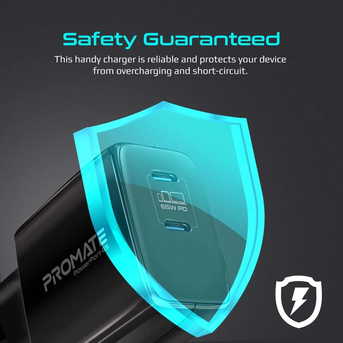 Promate PowerPort-65 65W GaN USB-C Dual-Port Fast Charger - Thumbnail 6