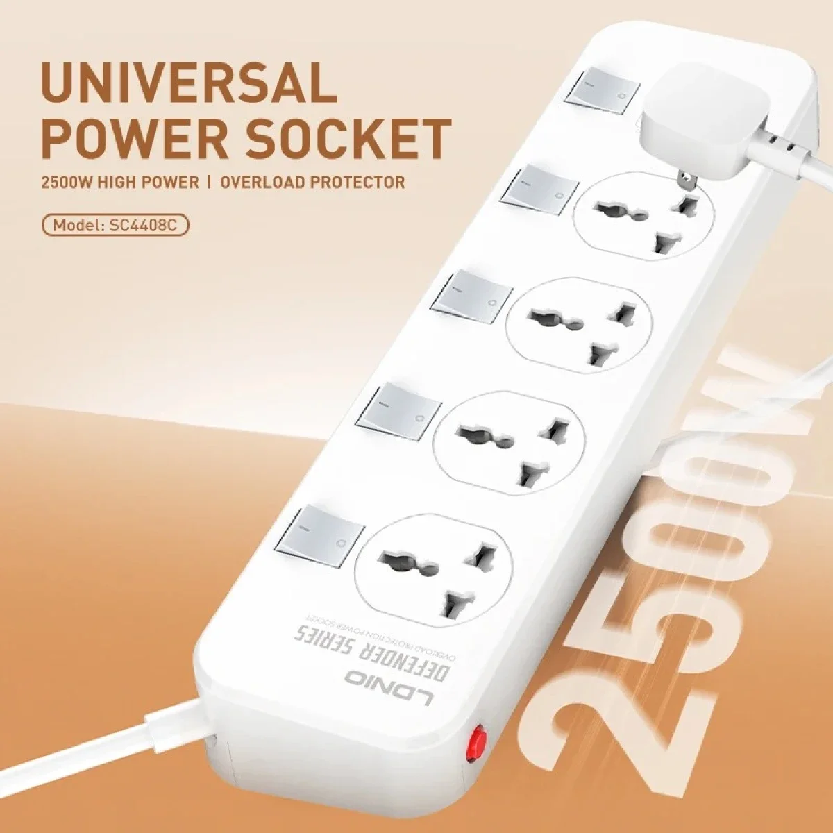 مشترك كهربائي LDNIO SC4408C عالمي مع 4 منافذ USB بقدرة 2500 واط، أبيض - Thumbnail 8