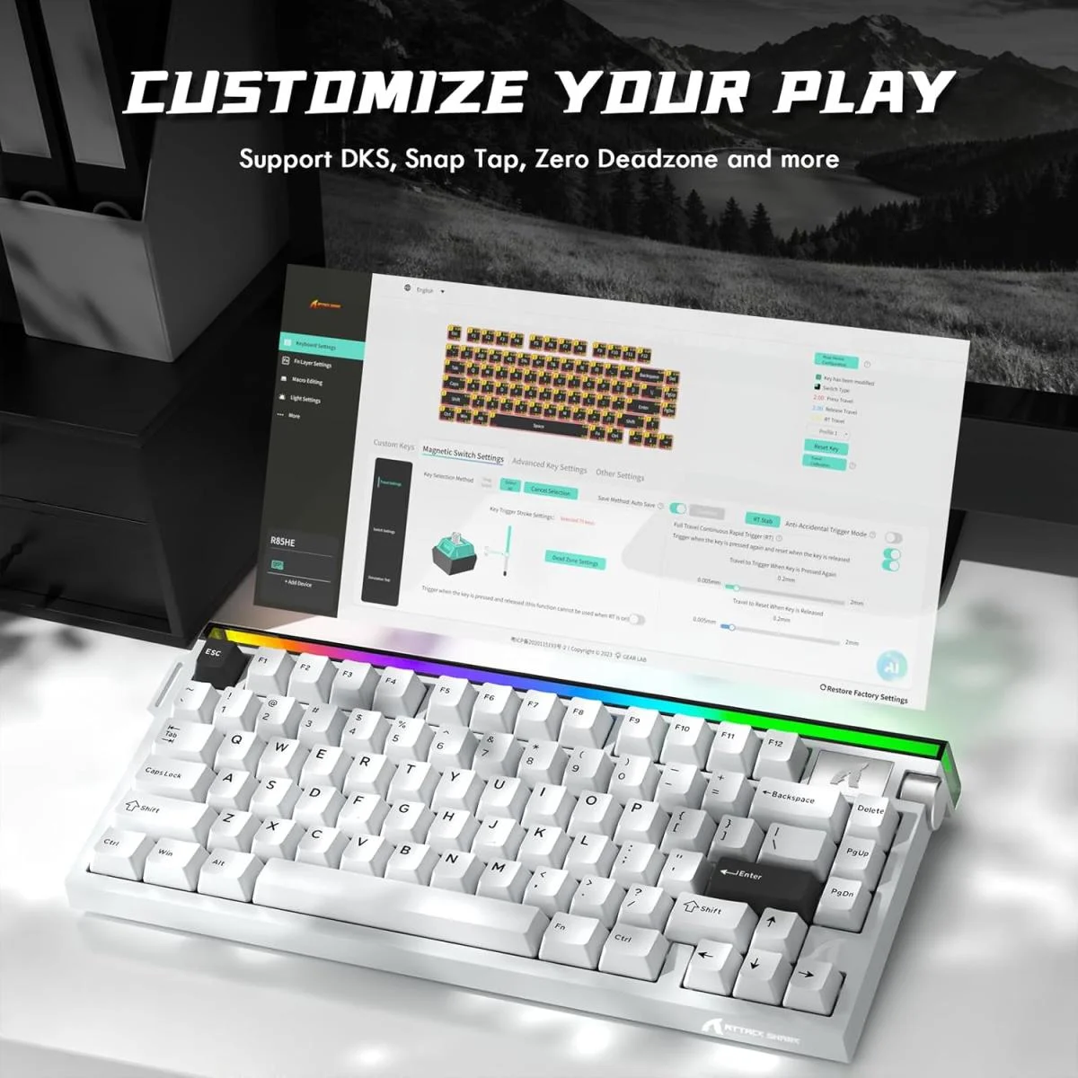 كيبورد ألعاب ATTACK SHARK R85 HE سلكي 75% بمفاتيح Hall Effect وإضاءة RGB، 8K، أبيض Star White - Image 4