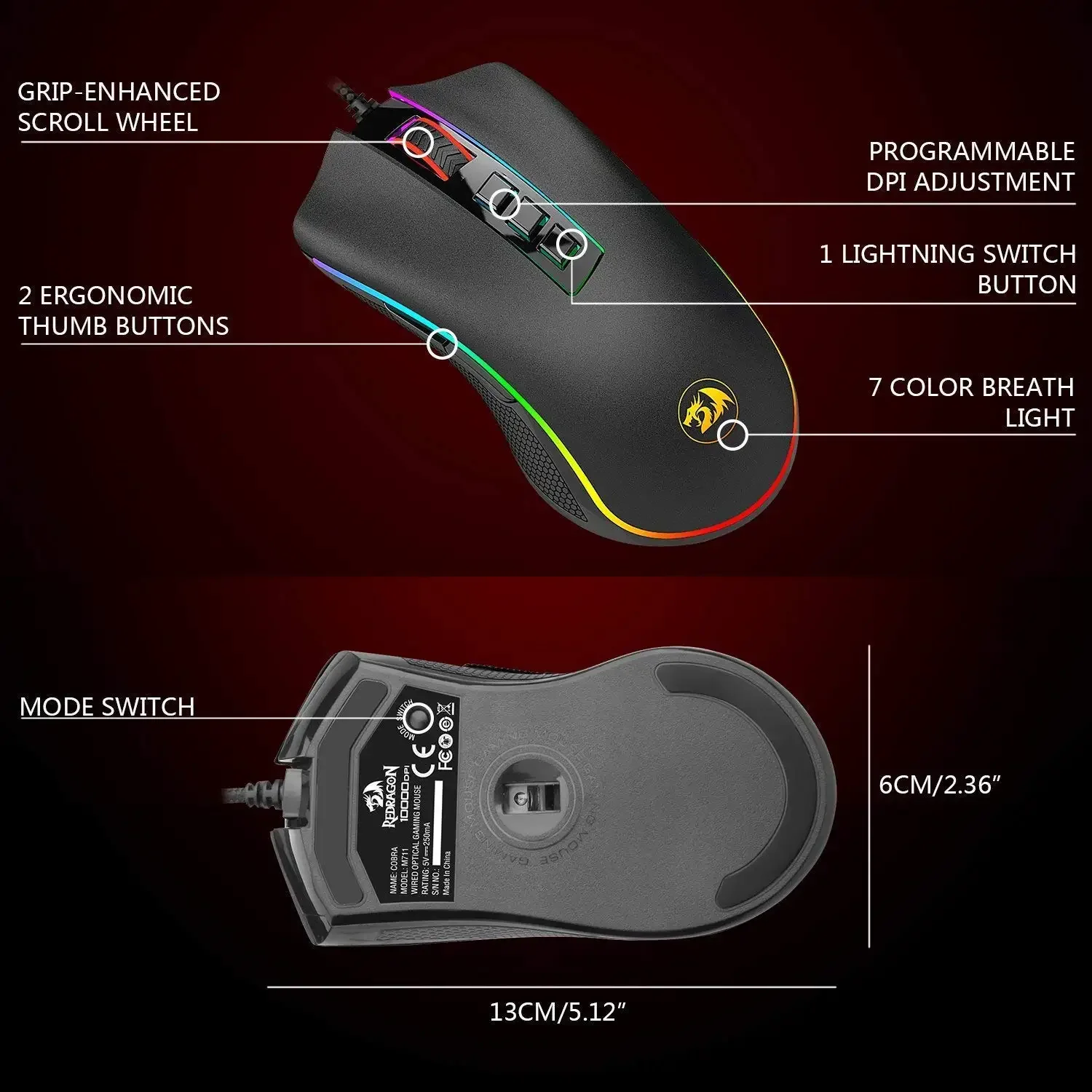 Redragon M711 Cobra RGB Gaming Mouse, 10,000 DPI, 7 Programmable Buttons - Thumbnail 8