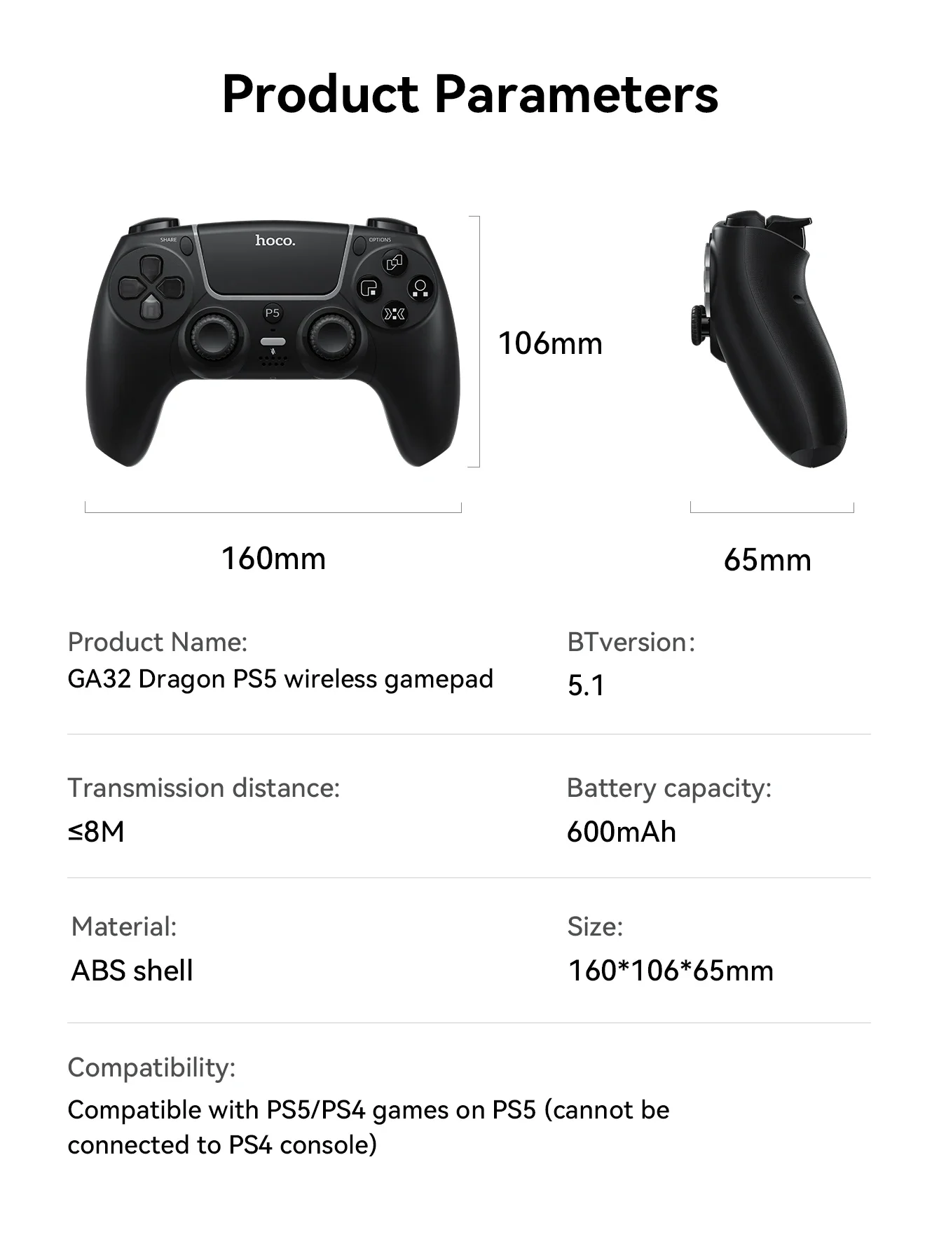 يد تحكم ألعاب لاسلكية HOCO GA32 Dragon لجهاز PS5 بتقنية Bluetooth 5.1 وبطارية 600mAh أبيض - Image 17