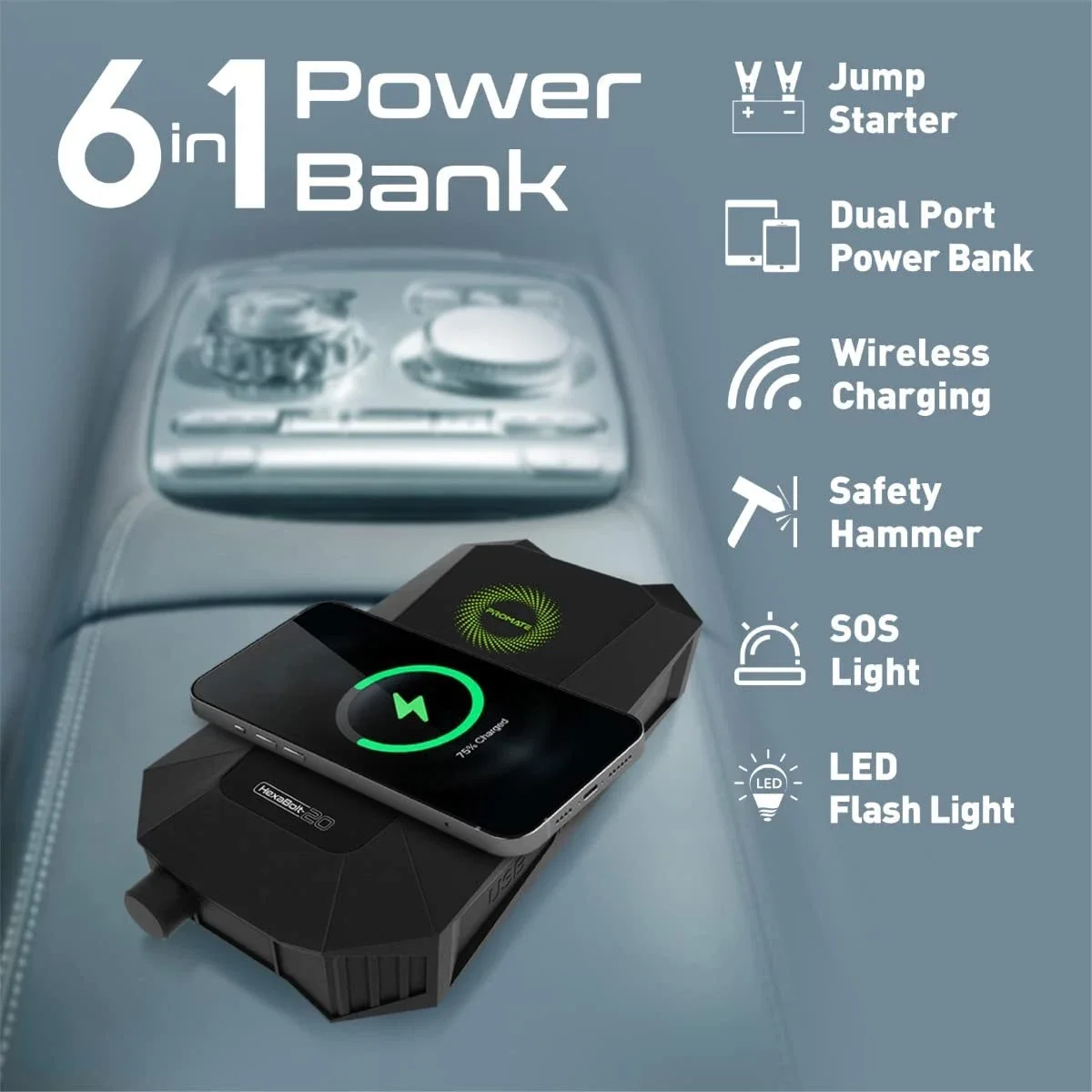 مشغل بطارية سيارة Promate HexaBolt-20 بقوة 1500A و12V مع باور بانك 19200mAh وشحن Qi 10W - أسود - Thumbnail 3