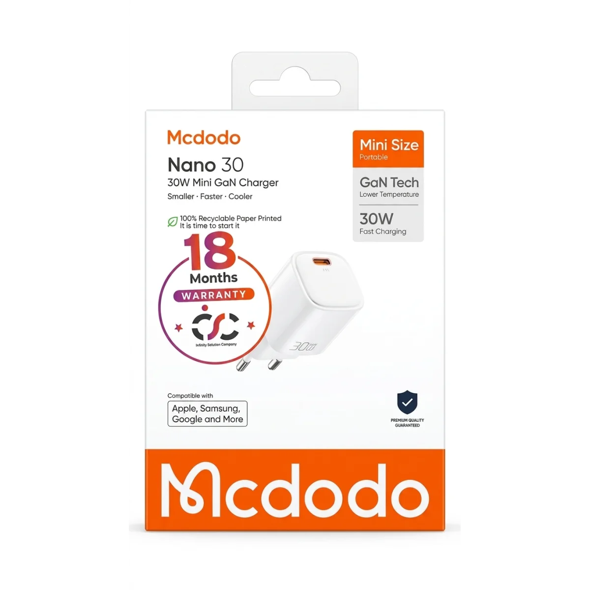 Mcdodo Nano 30 30W Mini GaN USB-C PD Wall Charger - White