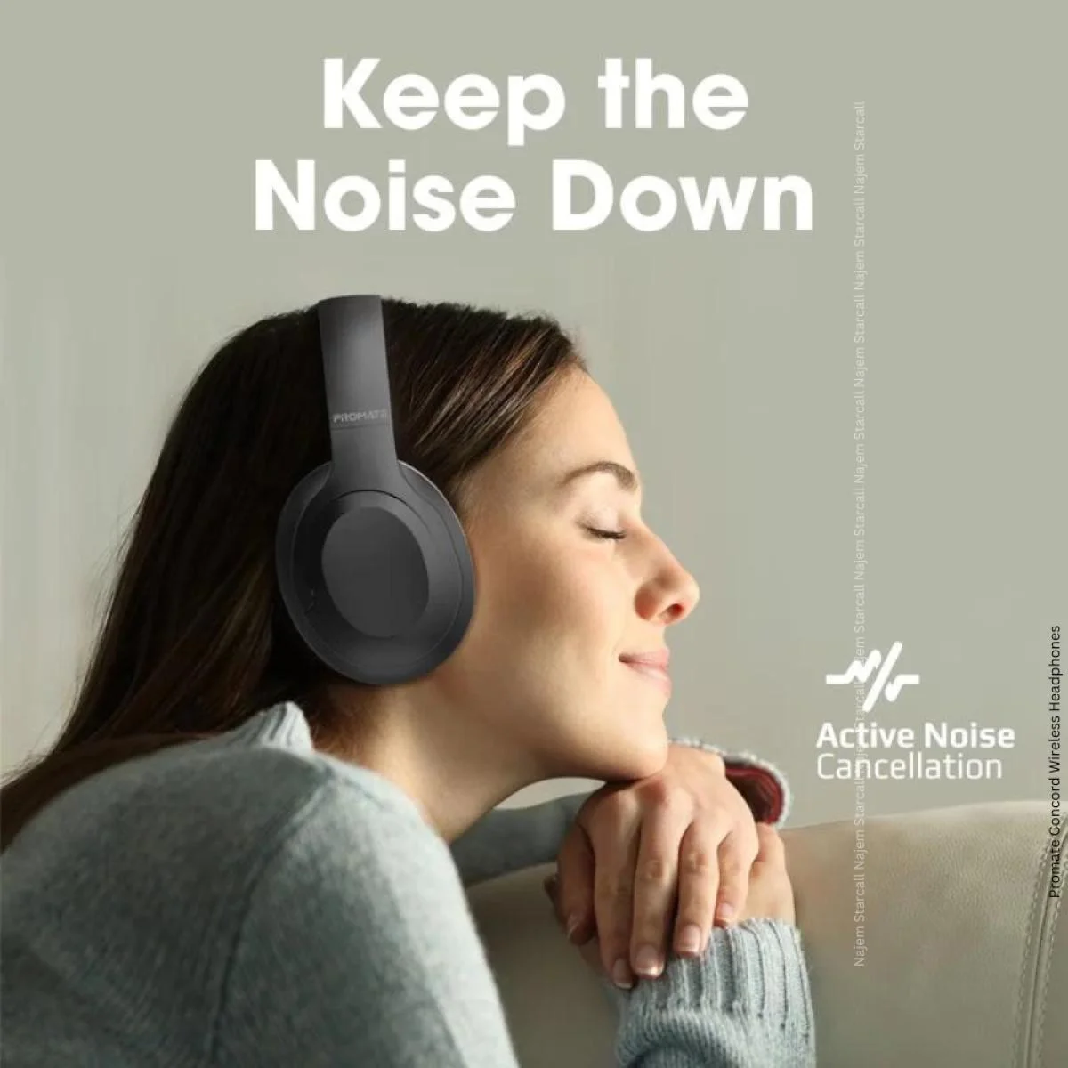 Promate Concord ANC Over-Ear Bluetooth Headphones, 27H Playback, Black - Thumbnail 5
