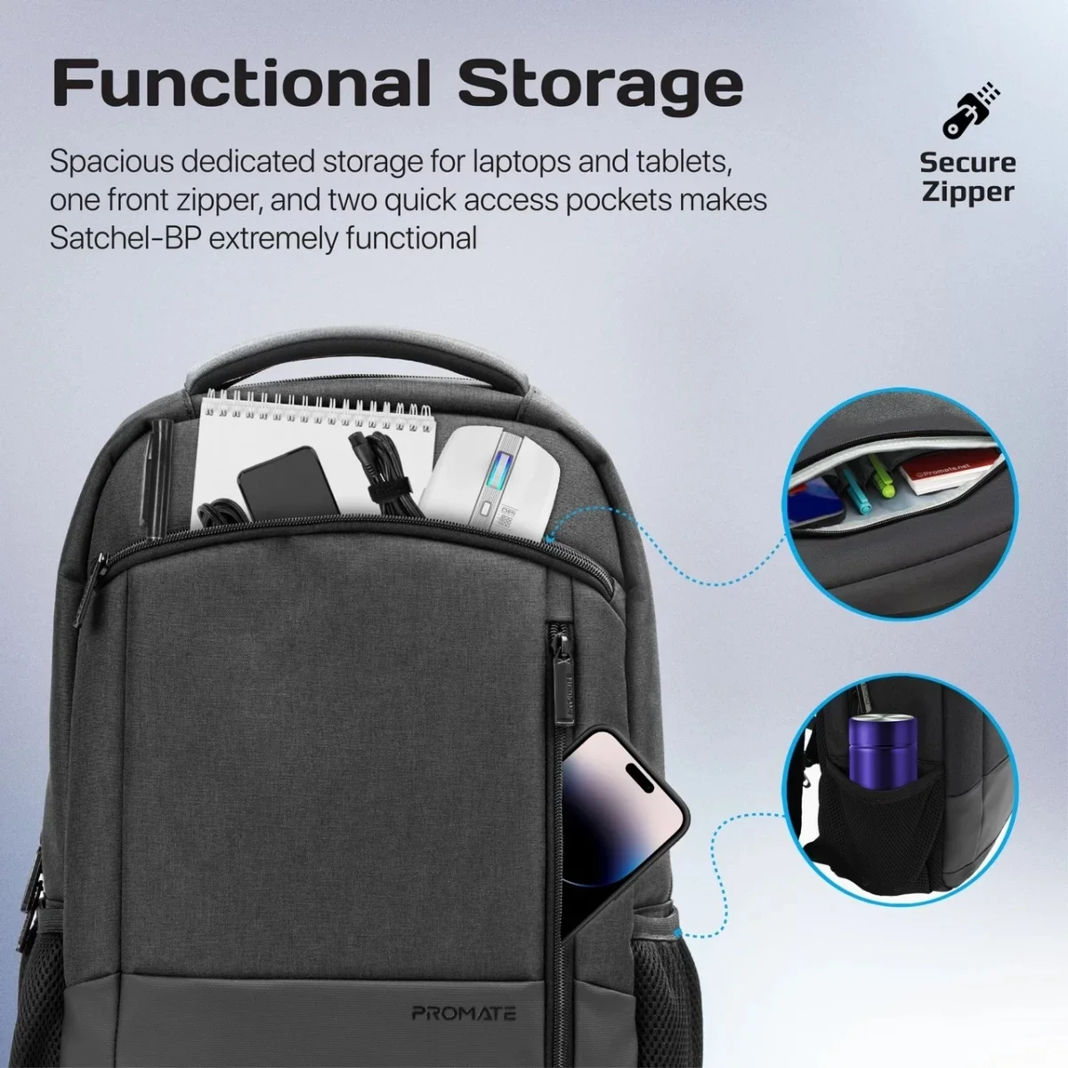حقيبة ظهر لابتوب Promate Satchel-BP للسفر لأجهزة 15.6 إنش - أسود - Image 6