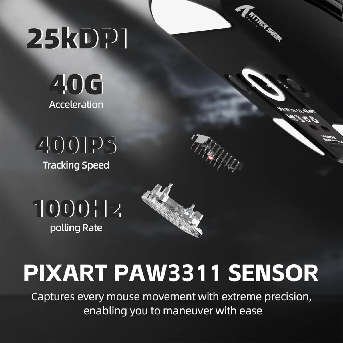 ماوس ألعاب لاسلكي ATTACK SHARK G3PRO مع قاعدة شحن RGB ودقة 25K DPI، أسود - Image 4
