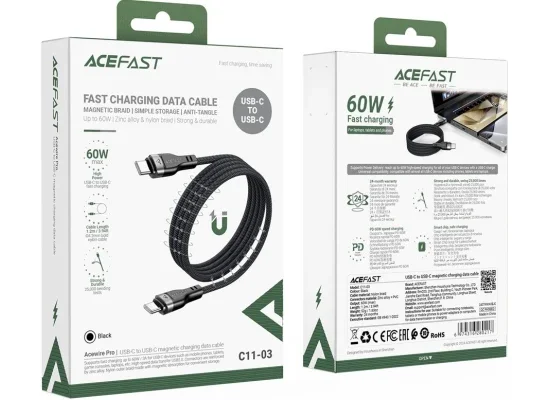 كابل ACEFAST C11-03 USB-C إلى USB-C بطول 1.2 متر وشحن سريع 60 واط مضفر مغناطيسي - أسود - Thumbnail 8