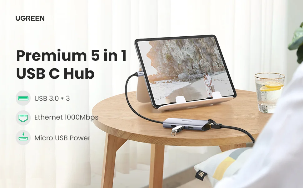 موزع Ugreen USB-C مع 3 منافذ USB 3.0 ومحول جيجابت إيثرنت - Thumbnail 8