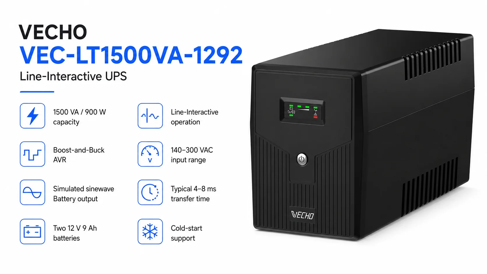 VECHO VEC-LT1500VA-1292 Line-Interactive UPS 1500VA 900W - Image 3