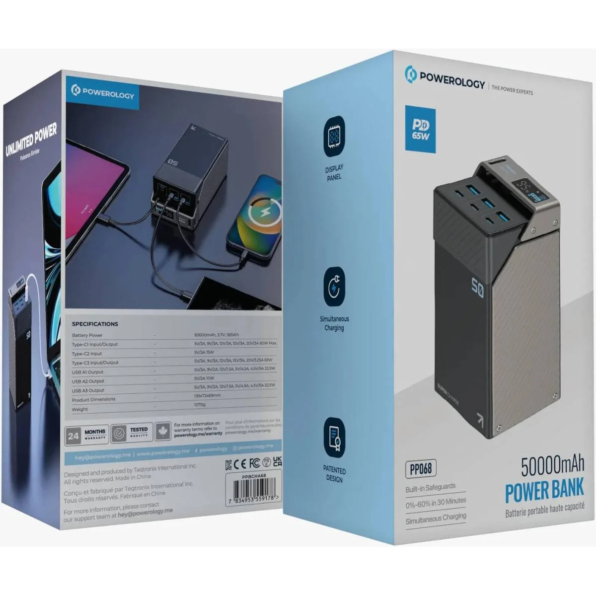 باور بانك Powerology PPBCHA68-BK بسعة 50000mAh وقدرة 65W أسود - Image 2