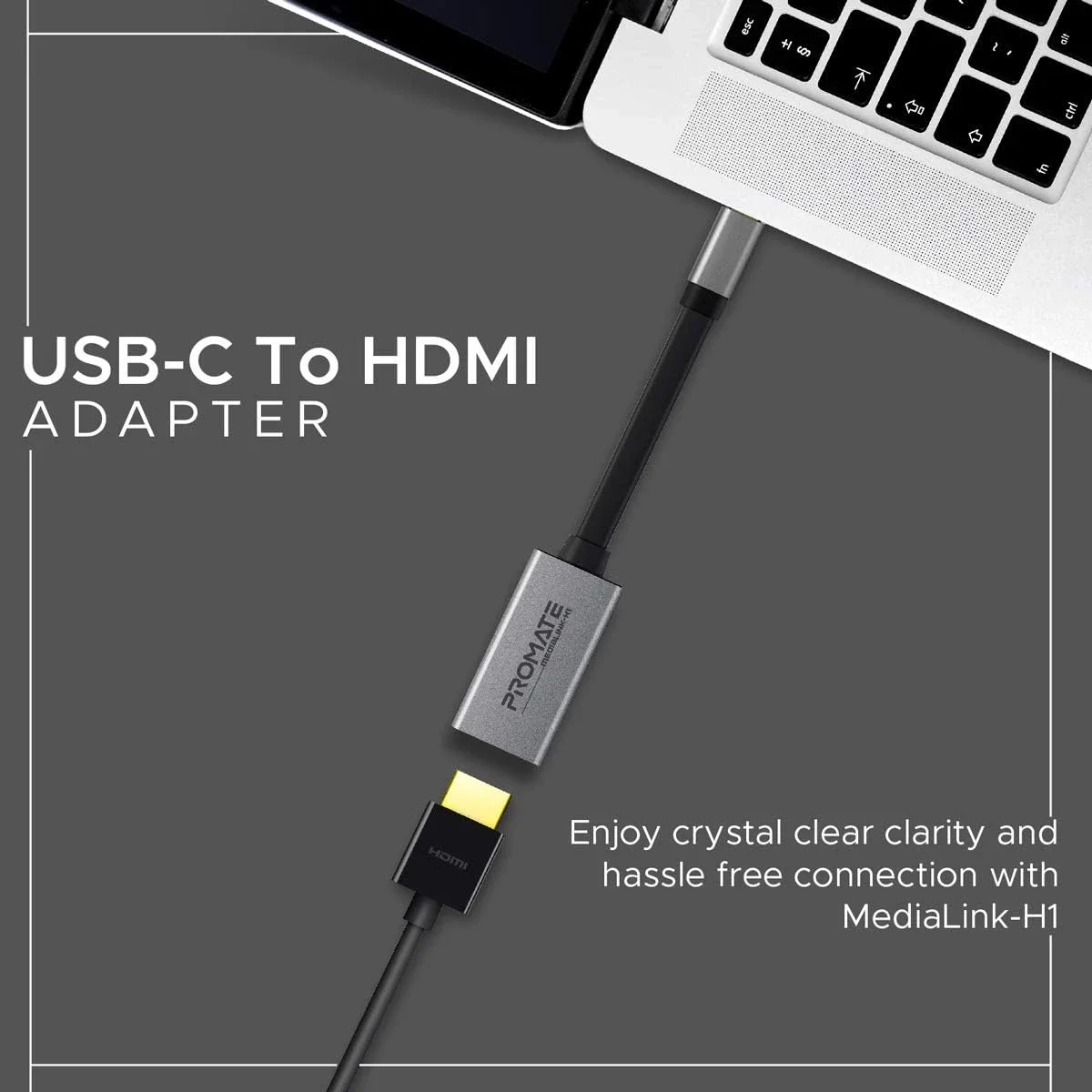 Promate MediaLink-H1 USB-C to HDMI Adapter 4K 30Hz with Audio Output - Grey - Image 3