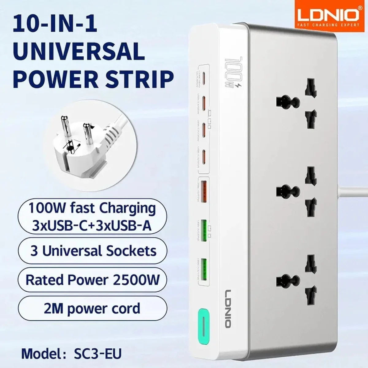 مشترك كهرباء LDNIO SC3 بتقنية GaN 10 في 1 شحن PD 100 واط 2500 واط قابس أوروبي - Image 2