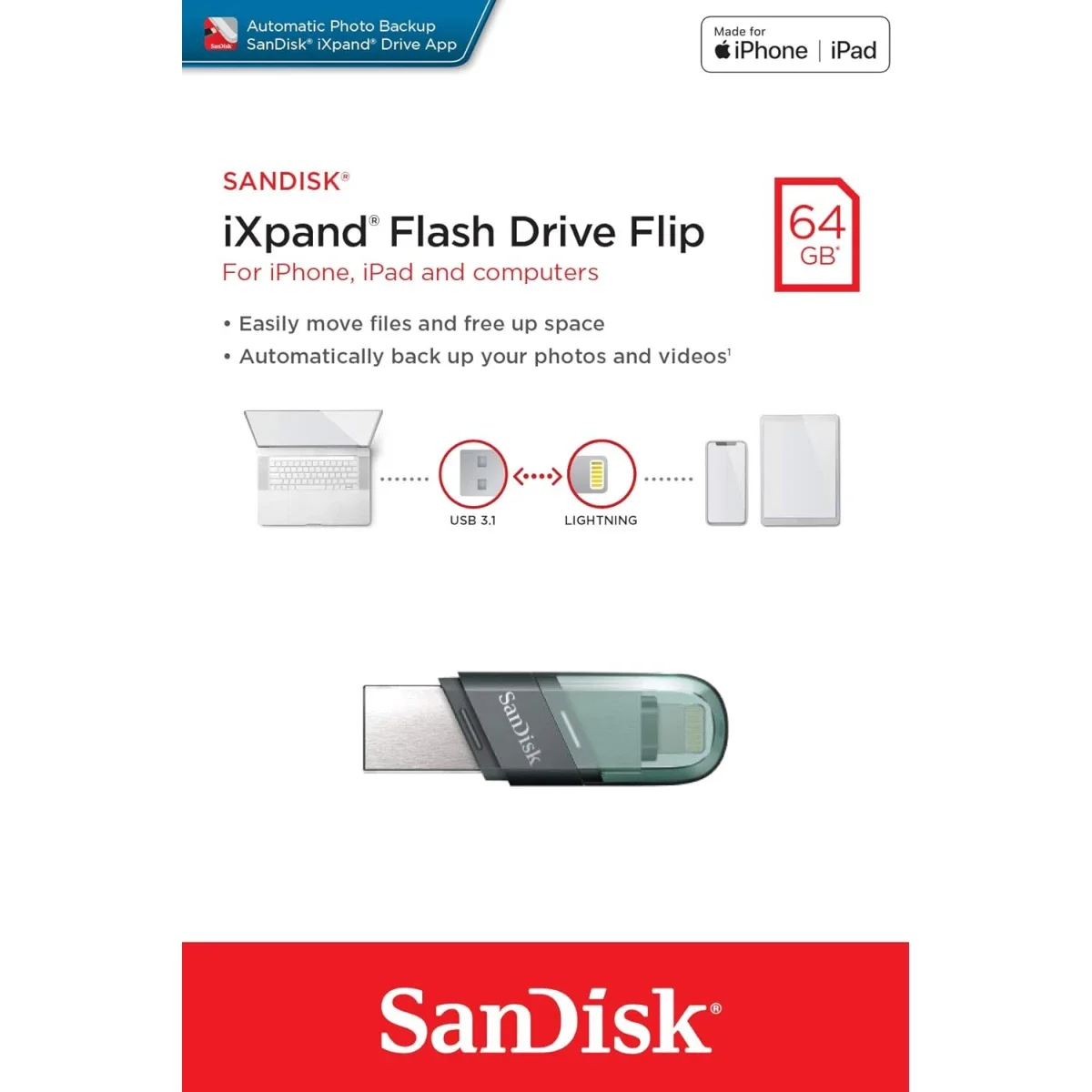 SanDisk iXpand Flash Drive Flip 128GB 2-in-1 USB Flash Drive with Lightning & USB-A - Sea Green - Image 6