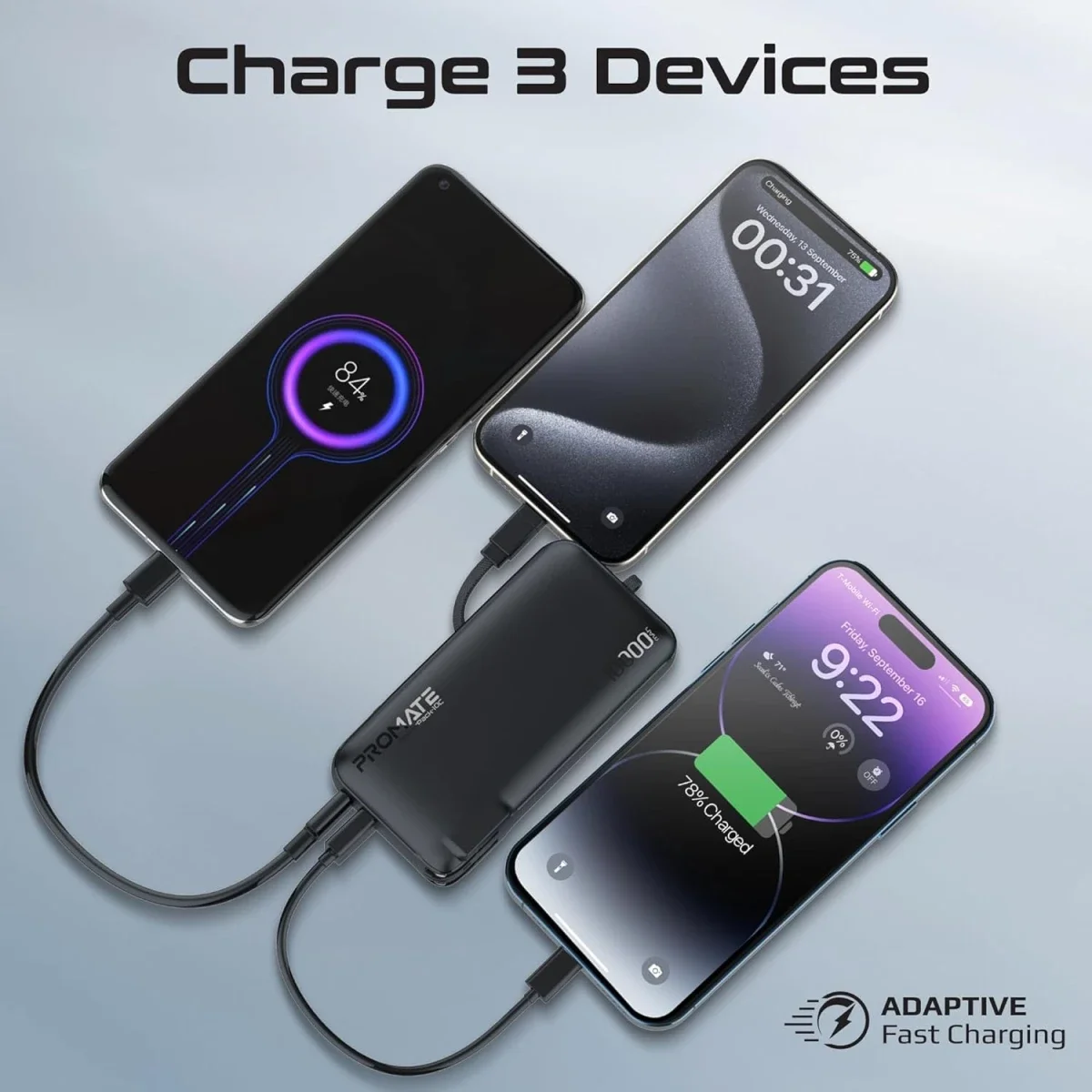 Promate PowerPack-10C 10000mAh Dual-Mode AC/DC Power Bank Charger, 20W USB-C, 22.5W USB-A, Black - Image 3