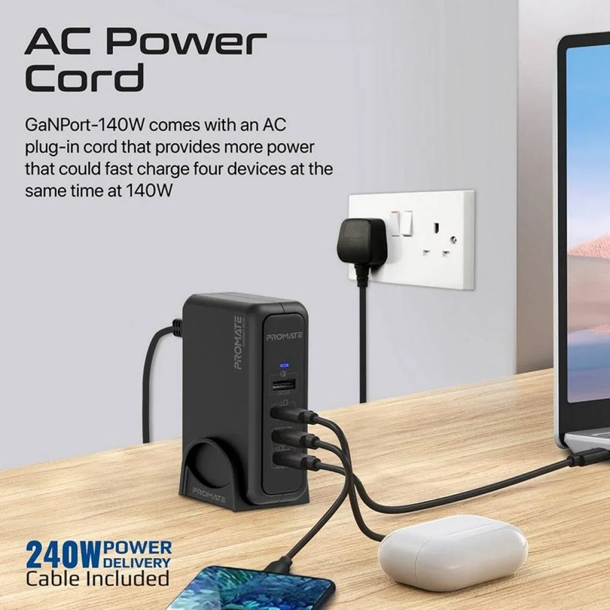Promate GaNPort-140W 140W GaNFast Charging Station with PD 3.1 & QC 3.0 - Black - Thumbnail 3