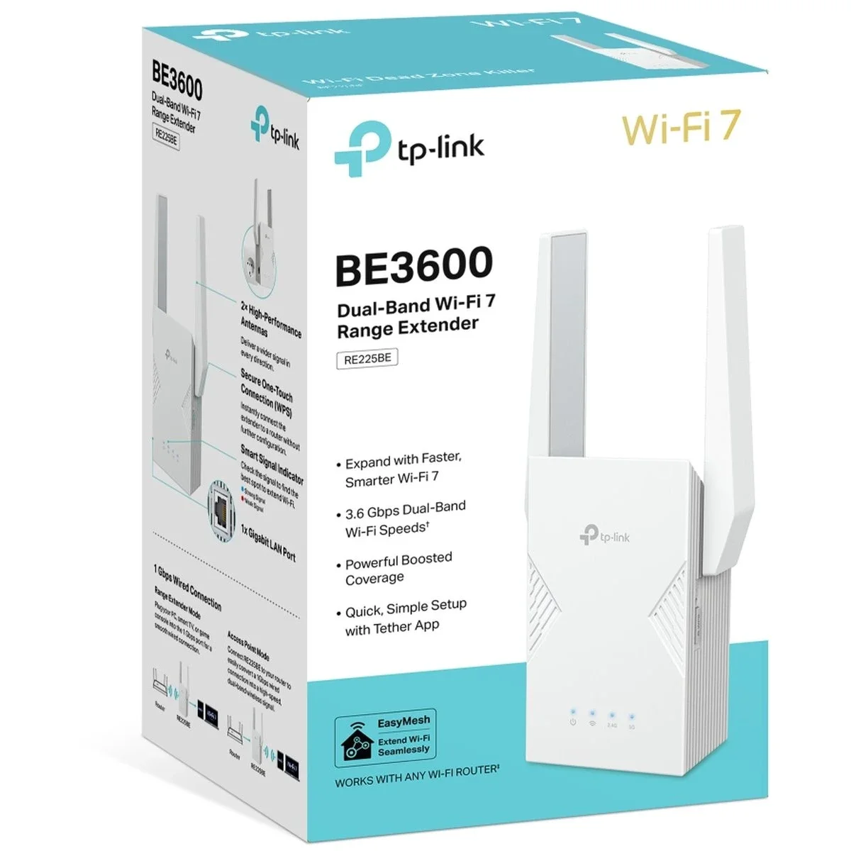 مقوي شبكة TP-LINK RE225BE BE3600 واي فاي 7 ثنائي النطاق مع منفذ جيجابت إيثرنت