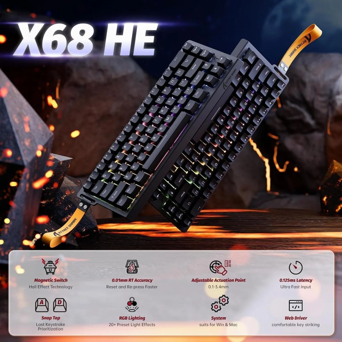 ATTACK SHARK X68 HE 60% Wired Hall Effect Gaming Keyboard, 8KHz - Thumbnail 3