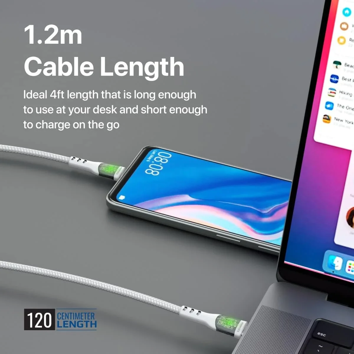 كابل Promate TransLine-CC USB-C إلى USB-C بقدرة 60 واط وطول 120 سم مضفر بالنايلون - أبيض - Thumbnail 4