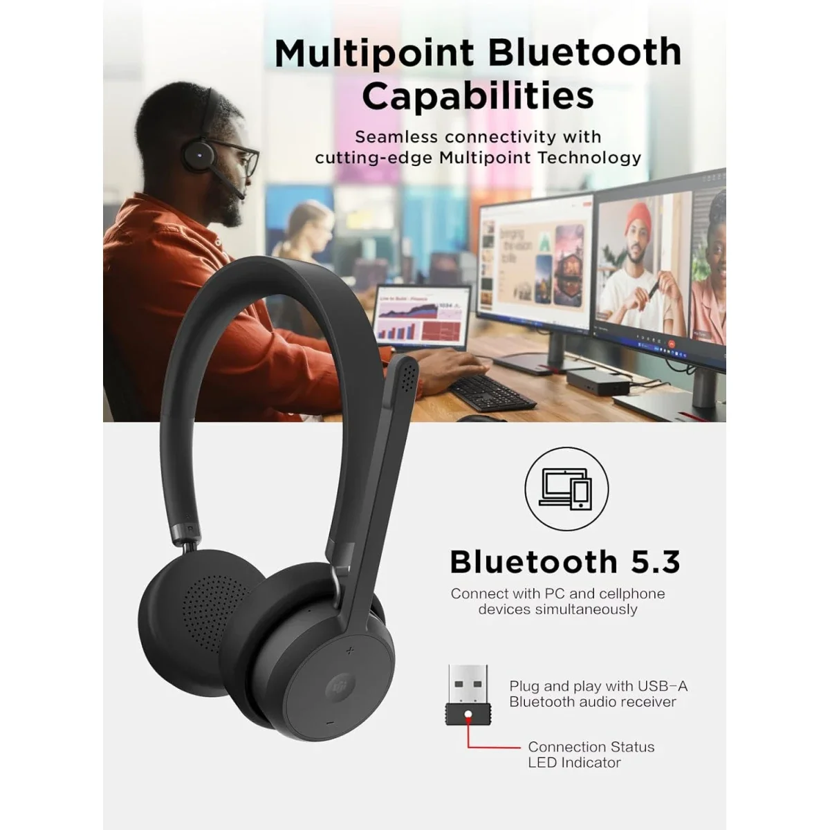 Lenovo Wireless VoIP Headset for Teams, Bluetooth 5.3, USB-A Receiver