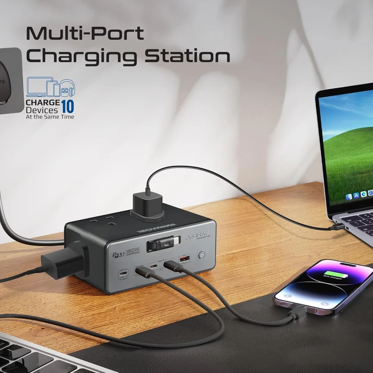 محطة شحن Promate PowerBrix-160 GaNFast بقدرة 160 واط مع 4 مقابس AC وكابل USB-C قابل للسحب - رمادي - Thumbnail 7