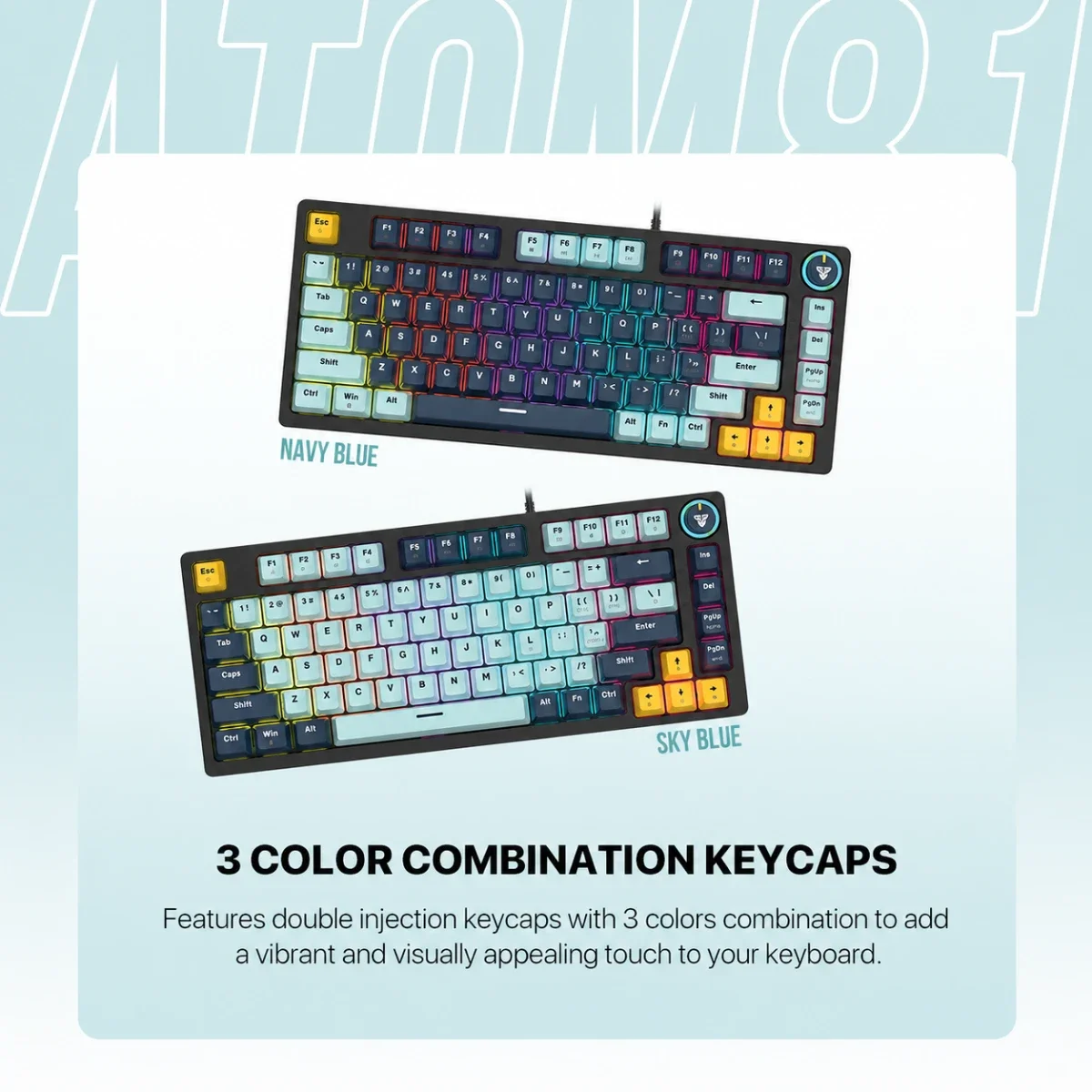 كيبورد ألعاب ميكانيكي سلكي Fantech بلون أزرق سماوي وكحلي مع سويتش Taro - ATOM81 MK875V2 MIZU - Image 7