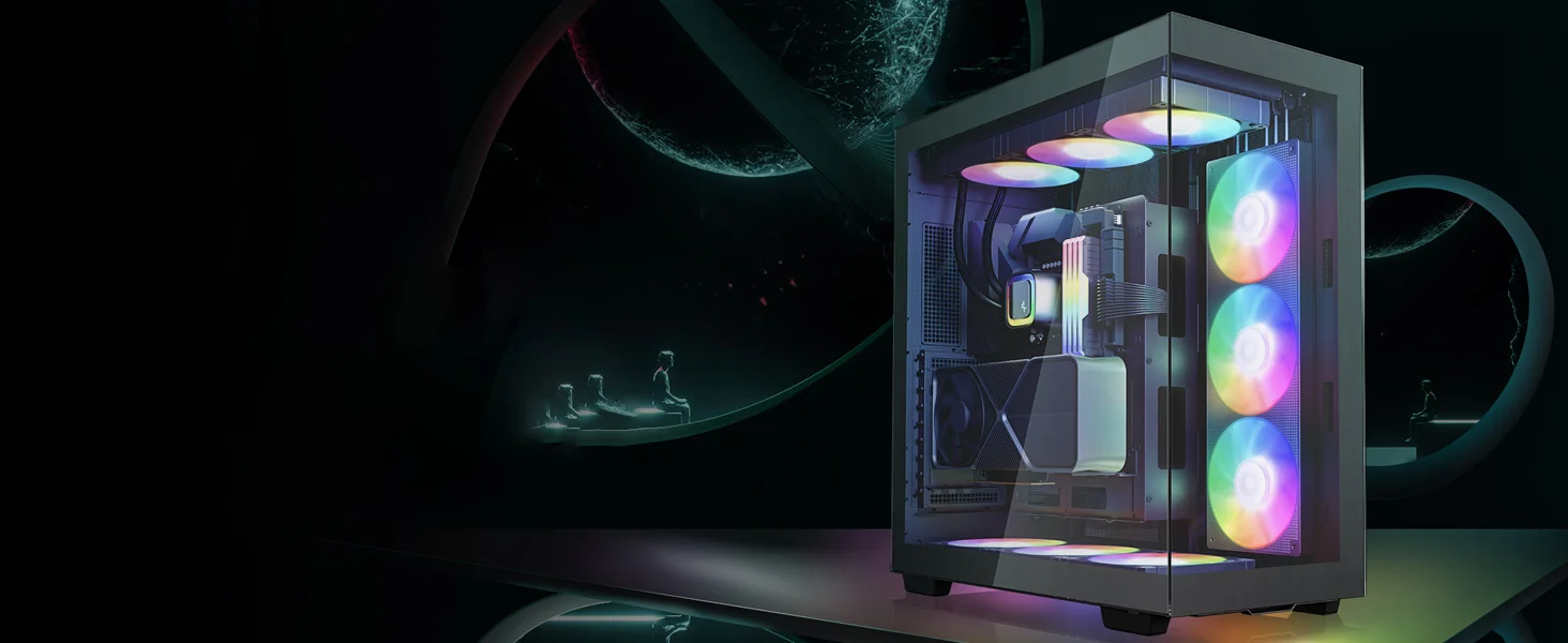 هيكل كمبيوتر DeepCool CH780 ATX+ بانورامي ثنائي الحجرة Full Tower مع كابل Riser Gen 4 و3 مراوح Trinity 140mm ARGB - أسود - Image 9