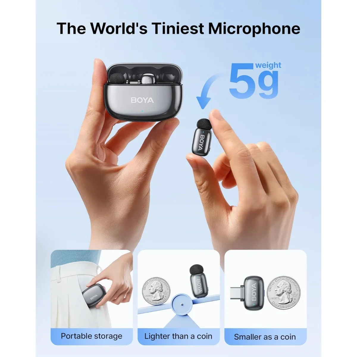 Boya mini 2-02 Type-C Wireless Lavalier Microphones for iPhone 15/16/17 & Android, Silver - Thumbnail 2