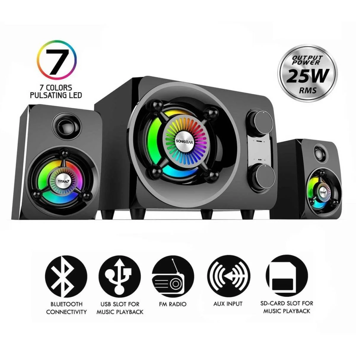 سماعات كمبيوتر SonicGear Titan7 PRO 2.1 بلوتوث وUSB وFM وإضاءة LED 50 واط