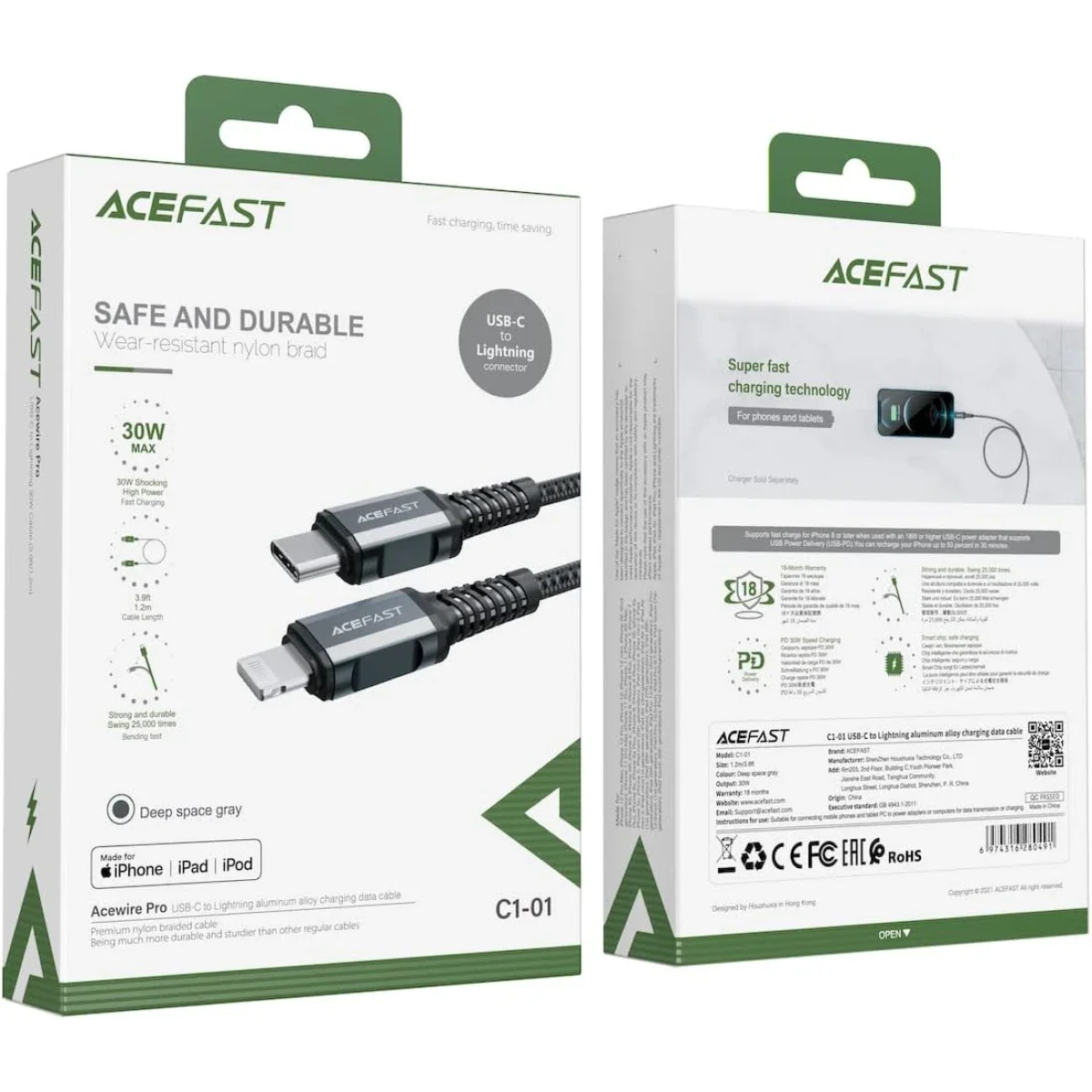 ACEFAST C1-01 USB-C to Lightning Cable 30W PD 3A 1.2m Deep Grey - Thumbnail 8