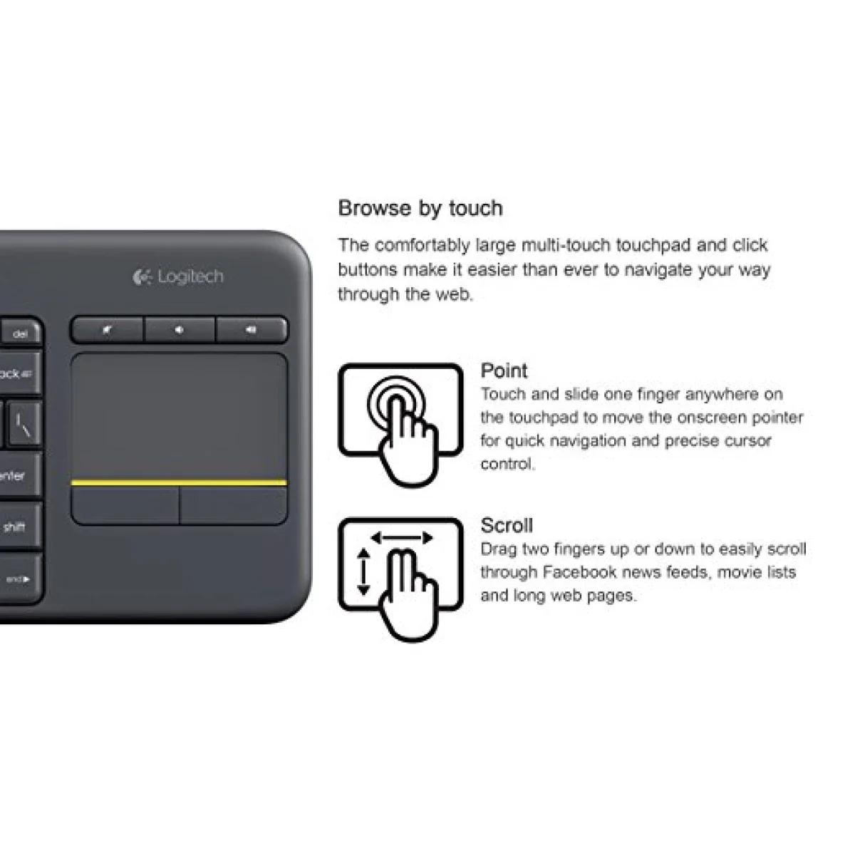Logitech K400 Plus Wireless Keyboard with Built-In Touchpad - Black - Thumbnail 2