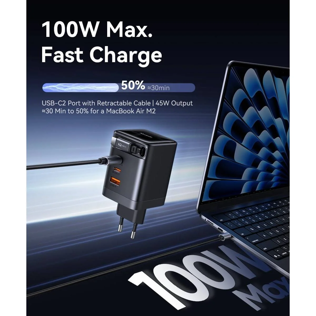 Mcdodo CH-847 100W GaN Charger with 65cm Retractable Cable, 3 USB-C + 1 USB-A - Image 4
