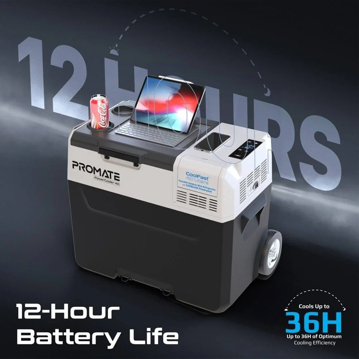 ثلاجة صغيرة محمولة خارجية Promate PowerCooler-40 CoolFast سعة 40 لتر مع حزمة طاقة 52000mAh ومصباح LED، Gray/White - Image 2