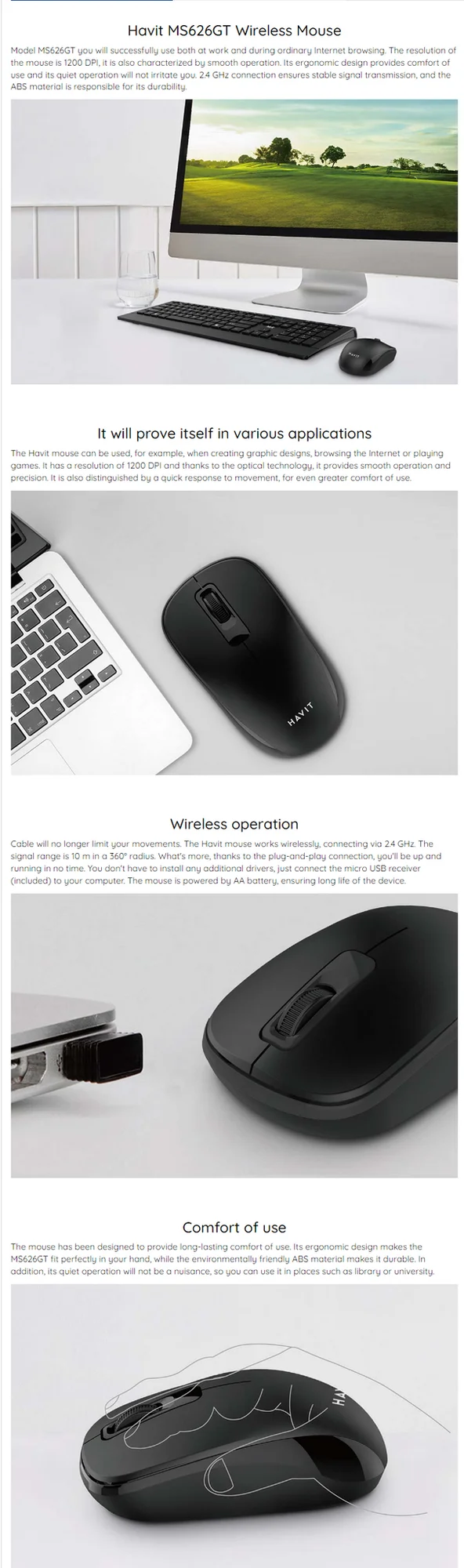 HAVIT MS626GT Wireless Mouse with 2.4GHz and 1200 DPI - Thumbnail 4