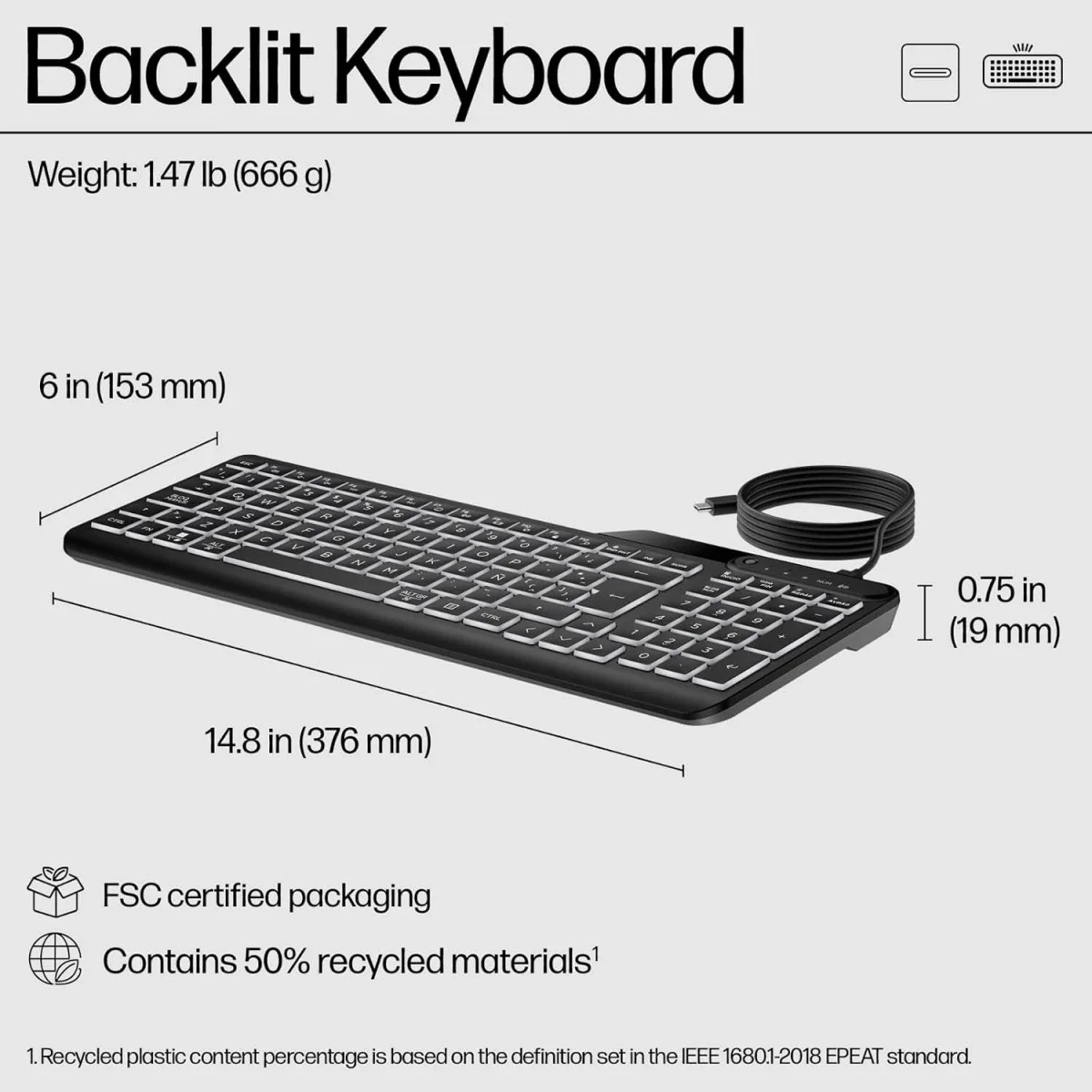 HP 405 Multi-Device Backlit Wired Keyboard with Numpad - Black - Image 7