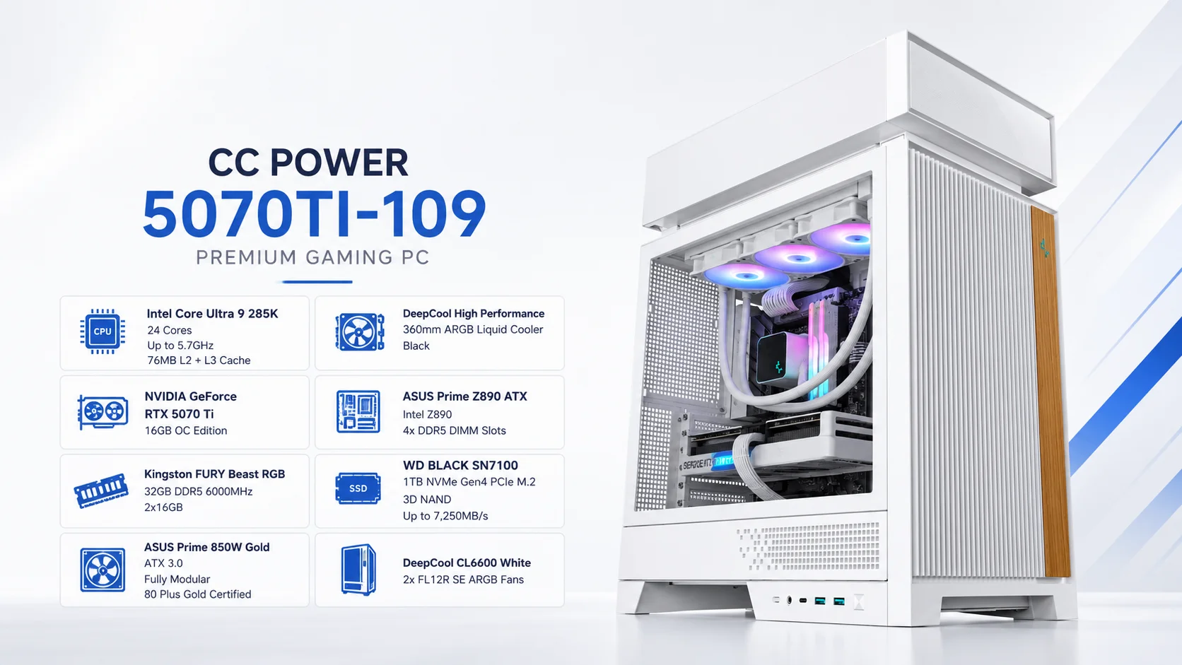 كمبيوتر ألعاب CC POWER 5070TI-109 بمعالج Core Ultra 9 285K وكرت RTX 5070 Ti 16GB وذاكرة 32GB DDR5 وتخزين 1TB NVMe - Thumbnail 2