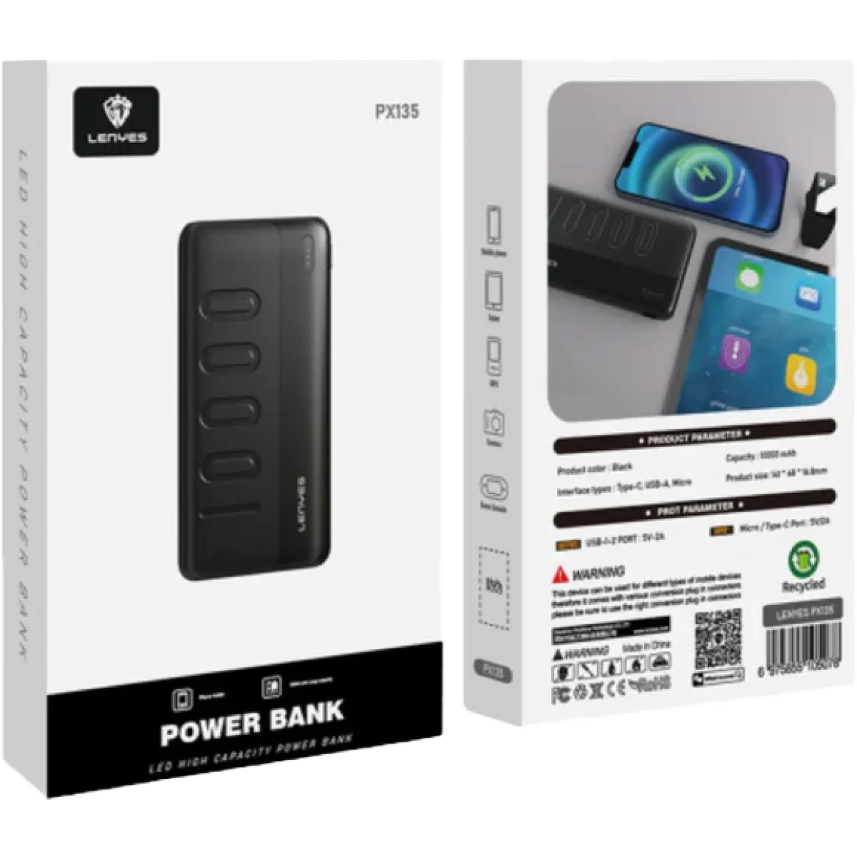 باور بانك Lenyes PX135 بسعة 10000mAh وشحن 5V/2A أسود - Thumbnail 4