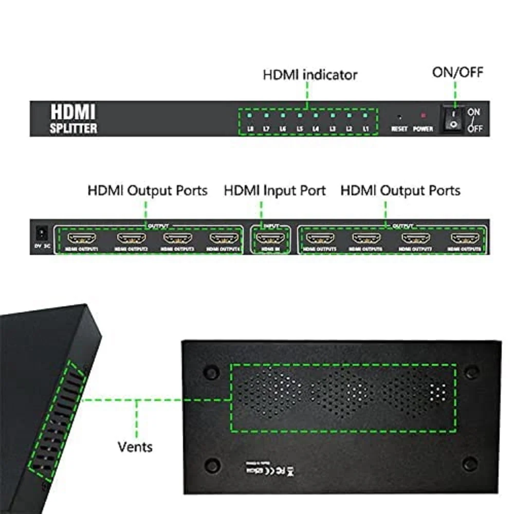 HDMI Splitter with 8 HDMI Ports, 1 Input to 8 Outputs, 4K Support - Thumbnail 7