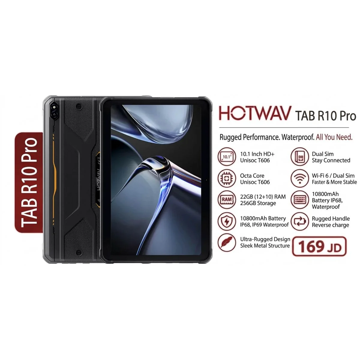 تابلت متين HOTWAV R10 Pro 10.1 إنش HD+ أندرويد 14، Unisoc T606، رام 8GB+12GB، 256GB، بطارية 10800mAh، برتقالي